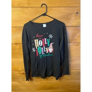 Holiday Time Women's Black Have a Holly‎ Jolly Christmas Long Sleeve Top Party